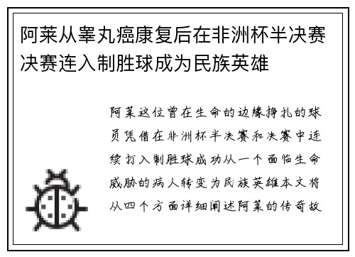 阿莱从睾丸癌康复后在非洲杯半决赛决赛连入制胜球成为民族英雄